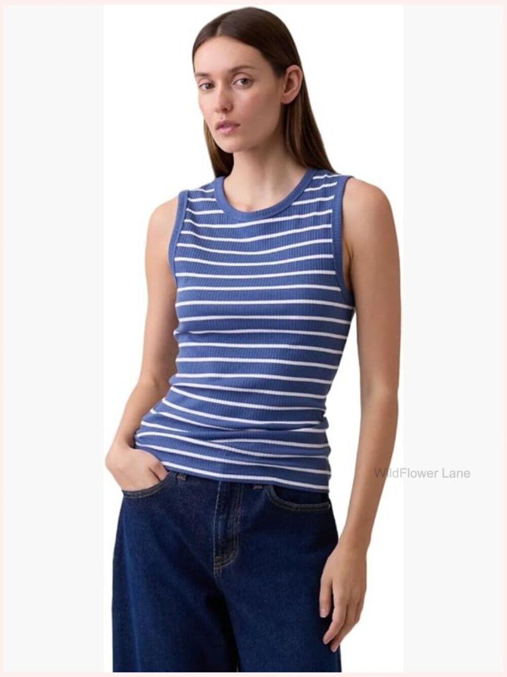 Ribbed High Neck Tank Top Sleeveless Cotton Regular Fit Striped